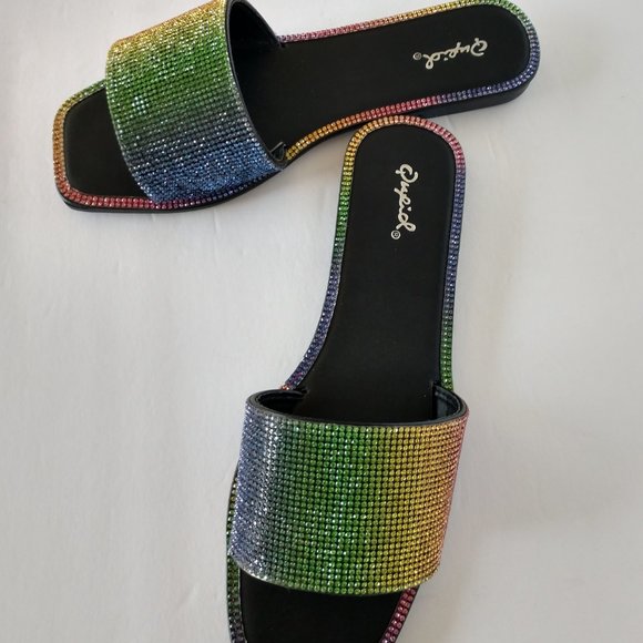 Qupid Rainbow Sandals Rhinestone Slides Various Sizes NIB - Picture 4 of 16